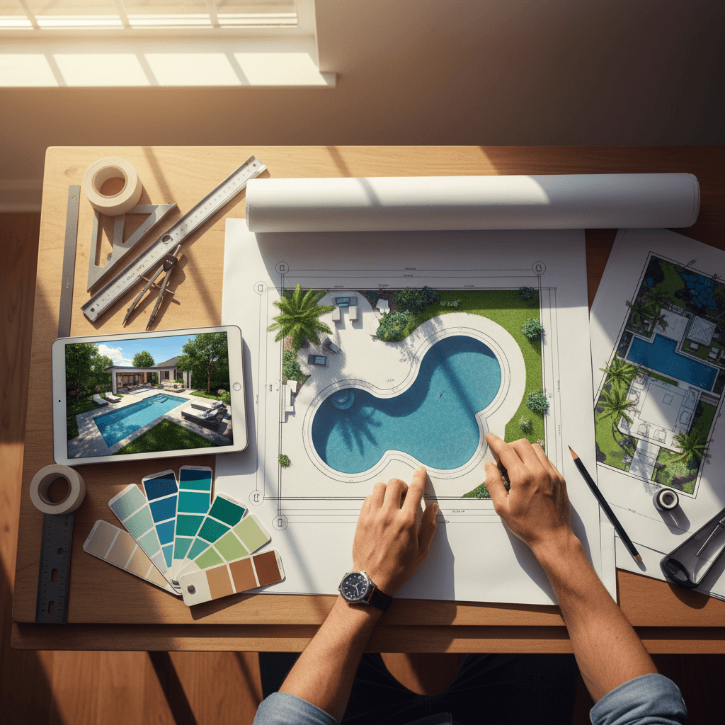Pool design sketches and 3D rendering